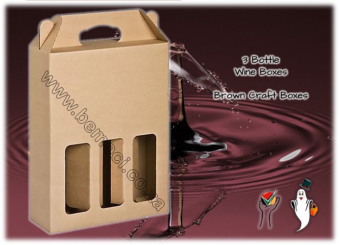 Triple 3 Wine Bottle Box, Brown Kraft Cardboard, with windows, customized & personalized