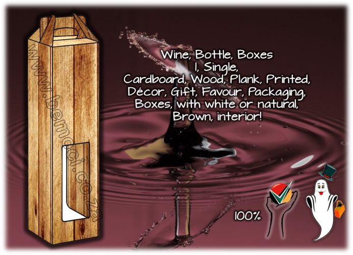 Rustic Dark Wood Print Cardboard Wine Boxes, Single 1-Bottle Gift and Presentation Packaging, Vintage Wood Grain Effect