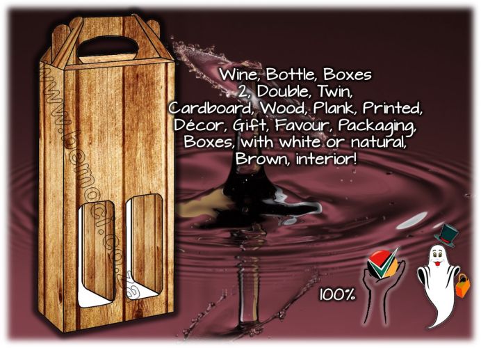 Rustic Dark Wood Print Cardboard Wine Boxes, Double Twin 2-Bottle Gift and Presentation Packaging, Vintage Wood Grain Effect