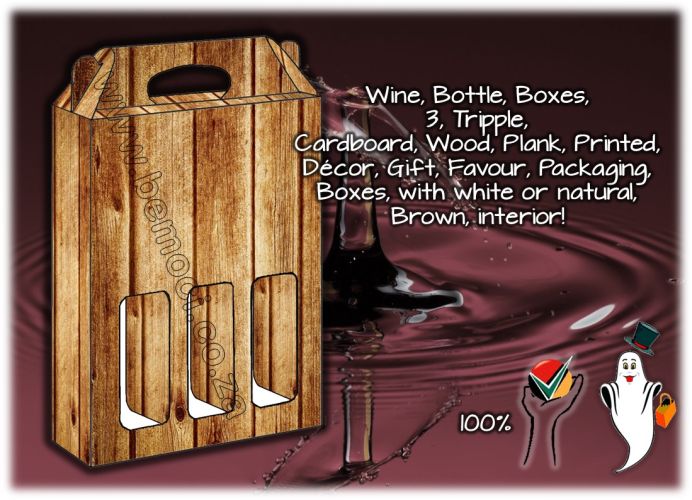 Rustic Dark Wood Print Cardboard Wine Boxes, Triple 3-Bottle Gift and Presentation Packaging, Vintage Wood Grain Effect