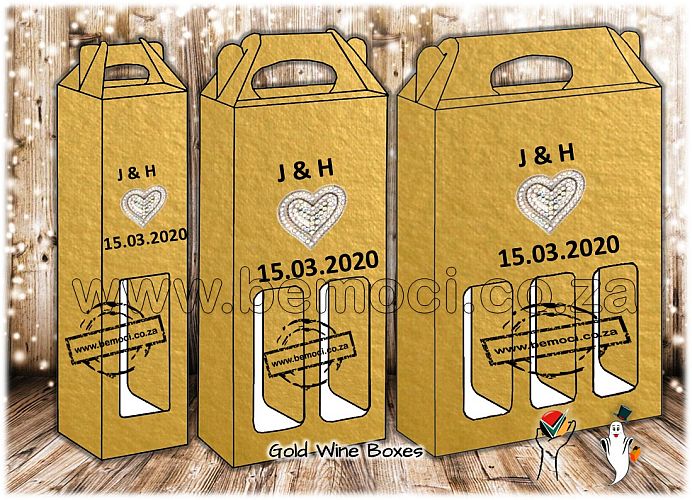 Gold Carry Gift Wine Boxes, Single Double Triple Bottle Cardboard Boxes, with or without windows