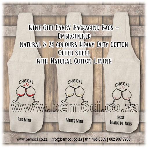 Wine Bags, Natural Lined Embroidered Cotton Calico / Canvas Bottle Bags