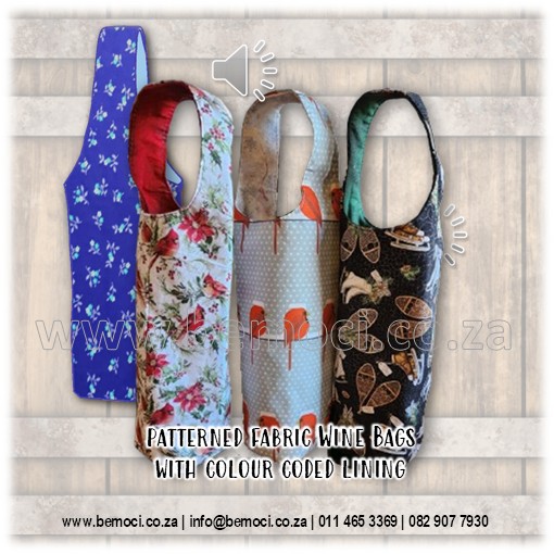 Wine Bags, Lined Bottle Bags, Lined Patterned Fabric Bottle Bags