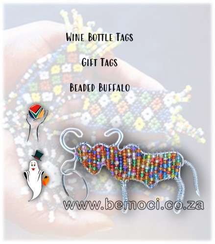 Beaded Wine Bottle Gift Tags, African Big 5 Buffalo