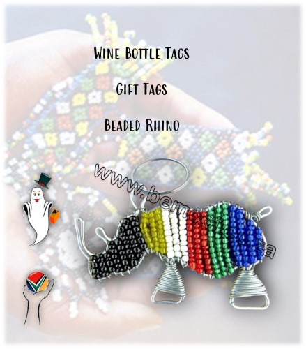 Beaded Wine Bottle Gift Tags, African Big 5 Rhino