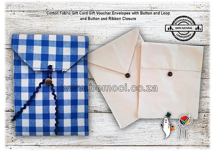 Fabric Envelope Natural Cotton & Blue Checkered Gift/Card/Voucher/Invitation/Cash Envelope with flap and Button and Loop closure, personalized, customized