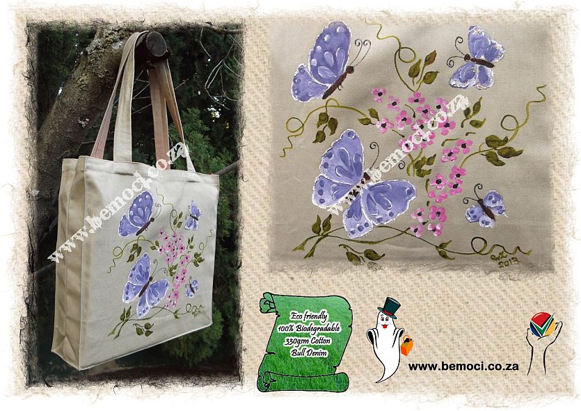 Cotton Canvas Tote Bag, Hand-Painted Butterflies