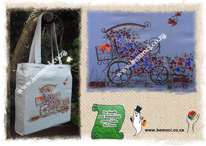 Cotton Canvas Tote Bag, Hand-Painted Flower Wagon