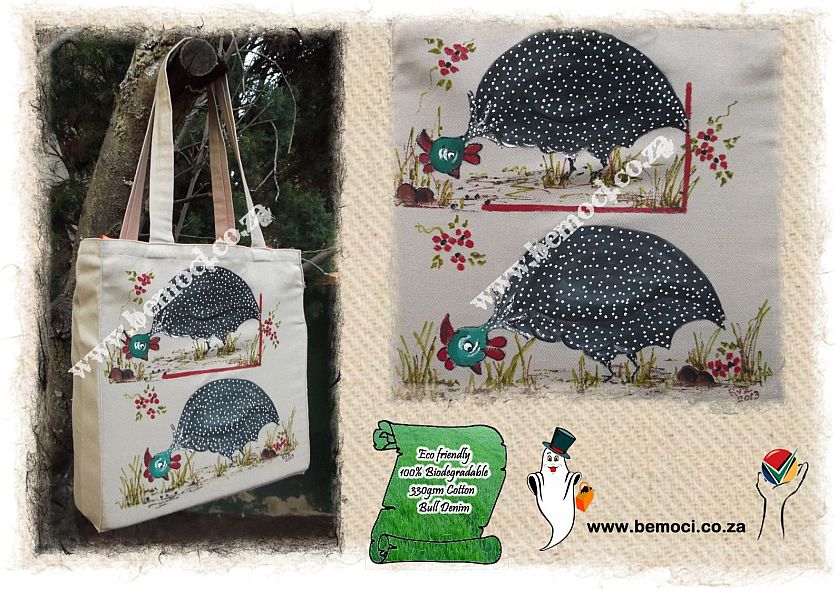 Cotton Canvas Tote Bag, Hand-Painted Guinea Fowls