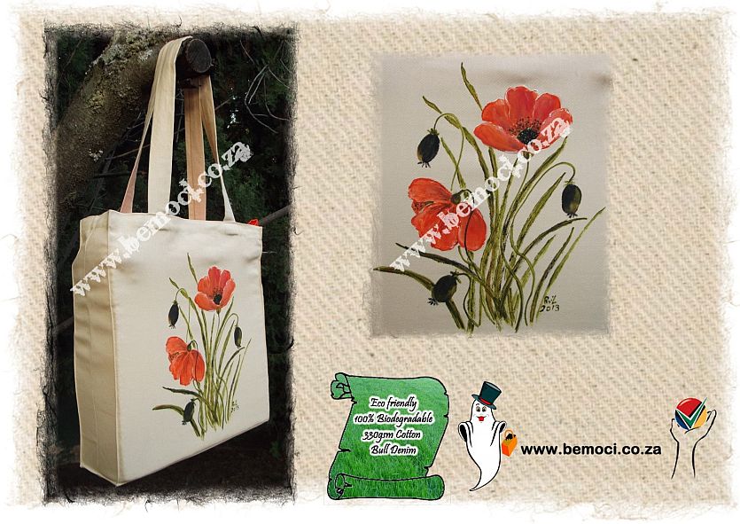 Cotton Canvas Tote Bag, Hand-Painted Poppies