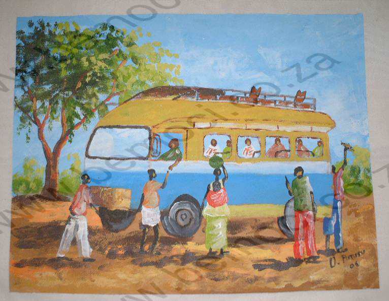 Cotton Canvas Tote Bag, Hand-Painted Bus Scene