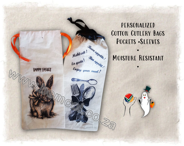 Cotton Calico/Canvas Cutlery/Utensil Personalized Drawstring Bags Pockets Pouches Sleeves