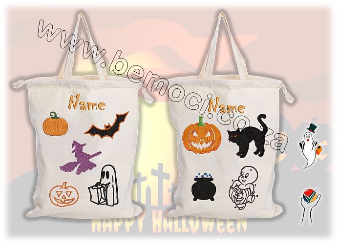 Halloween Bags Cotton Calico Drawstring Tote Trick or Treat Loot Bags Printed/Embroidered