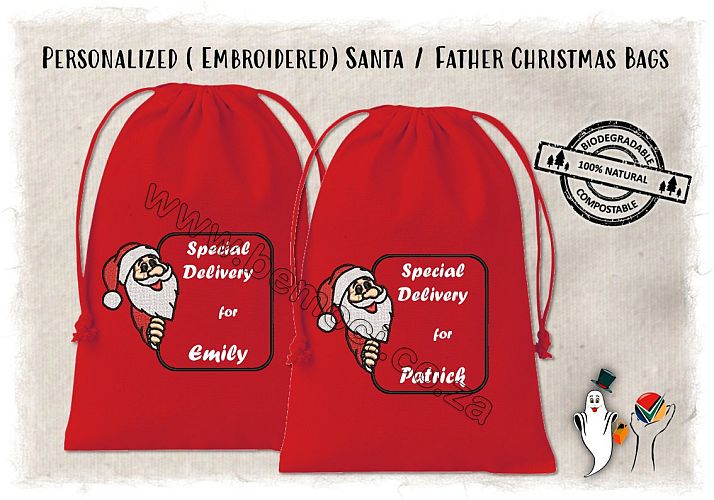 Santa Bags Red Cotton Canvas Customized & Personalized Father Christmas Santa Gift Bags/Sacks Embroidered