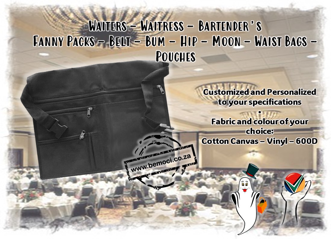 Black Cotton Canvas Fanny Pack Purses, Waiters Bartender Waist Belt Hip Pouch/Purses & zipped Pockets.